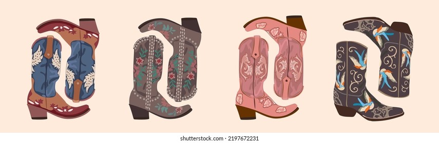 Set of various cowboy boots. Shoe pairs. Different ornaments. Fashion concept. Wild West theme. Hand drawn colored trendy Vector art illustration. All elements are isolated.