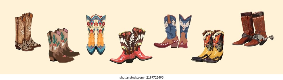 Montaje de varias botas de vaquero. Pares de zapatos. Diferentes adornos. Concepto de moda. Tema del Oeste salvaje. Ilustración artística de Vector de color dibujada a mano. Todos los elementos están aislados.