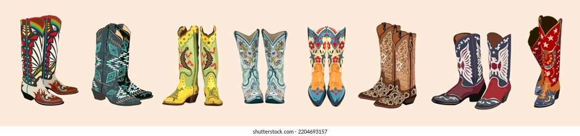 Montaje de varias botas de vaquero. Pares de zapatos. Diferentes adornos. Concepto de moda. Tema del Oeste salvaje. Ilustración artística de Vector de color dibujada a mano. Todos los elementos están aislados.