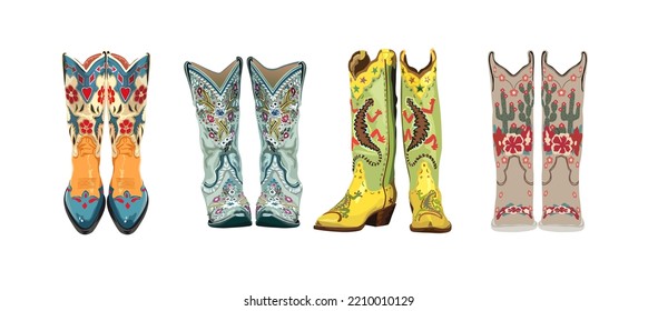 Set of various cowboy boots. Shoe pairs. Different ornaments. Fashion concept. Wild West theme. Hand drawn colored trendy Vector art illustration. All elements are isolated.