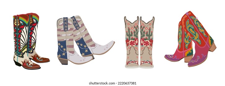 Set of various cowboy boots. Shoe pairs. Different ornaments. Cowgirl fashion concept. Wild West theme. Hand drawn colored trendy Vector art illustration. All elements are isolated.