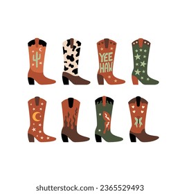 Set of various cowboy boots. Vector flat illustration on isolated background. Wild west clipart