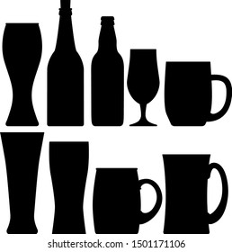 Set various craft beer bottles, mugs and glases silhouette. Different shapes and sizes. vector illustration