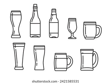 Set various craft beer bottles, mugs and glases. Different shapes and sizes. vector illustration