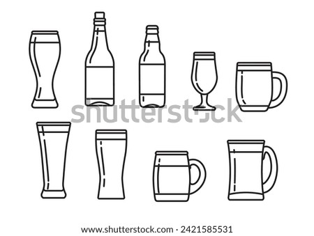 Set various craft beer bottles, mugs and glases. Different shapes and sizes. vector illustration