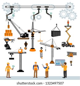 Set of various cranes doing heavy lifting. Tower and harbor lifters. Flat style vector icons.