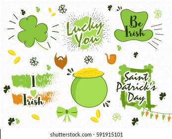 Set of various creative elements for Happy St. Patrick's Day celebration.