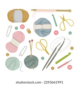 A set of various crochet and knitting tools. Color vector flat illustration isolated on white background. Knitting scissors, pins, crochet hooks, knitting needles, and skeins of thread.