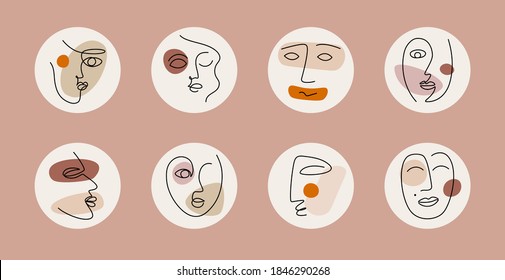 Set of various cubism faces and abstract shapes. Contemporary one line portraits ink painting style. Elegant minimalistic covers for social media highlights. Hand drawn vector illustration