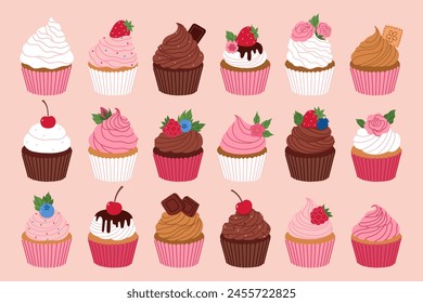 Conjunto de varios cupcakes con bayas, chocolate, galletas, espolvorear, flores. Vector gráfico.