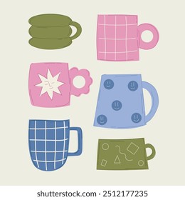 Conjunto de varias tazas. Dibujado a mano de color de Ilustración vectorial de moda. Estilo de dibujos animados. Tazas de la cocina del doodle de la historieta con los patrones y los dibujos en estilo retro. Ceremonia de té, vajilla de porcelana palo de Vector