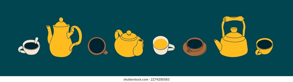 Set of various cups, mugs, pot, jug with fresh hot tea. Hand drawn colorful Vector illustration. Isolated design elements. Natural tasty drink, tea party, ceremony, hot healthy beverage concept