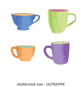 Set of various cups and mugs. Side view. Hand drawn colored trendy vector illustration in flat style with dry brush texture on white background.