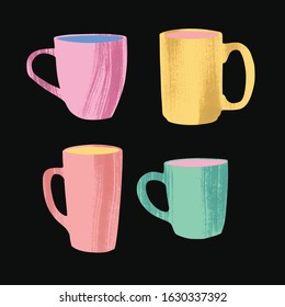Set of various cups and mugs. Side view. Hand drawn colored trendy vector illustration in flat style with dry brush texture on dark chalkboard background.