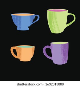 Set of various cups and mugs. Side view. Hand drawn colored trendy vector illustration in flat style with dry brush texture on dark chalkboard background.
