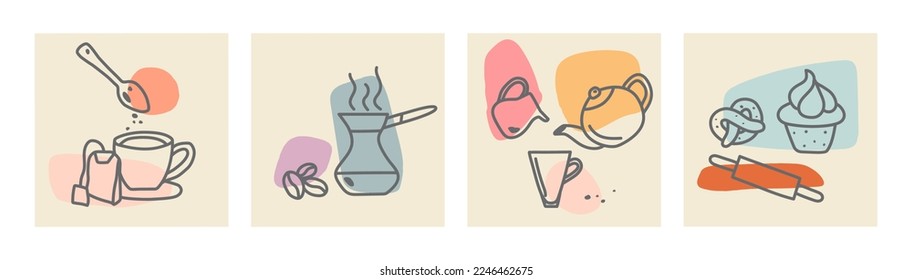 Set of various cups and pots for tee and coffee with colorful spots. Ink painting style. Hand drawn vector illustrations. Minimalistic elegant concept. All elements are isolated.