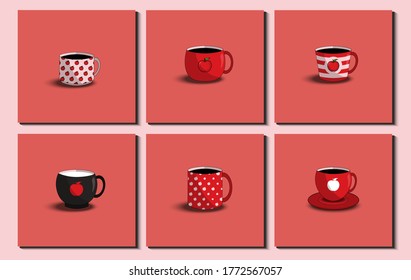 Set of various cups in side view . Different apple ornaments, pattern, stripe, etc. Flat design Vector Illustration. 