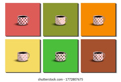Set of various cups in side view . Different fruit ornaments. Apple, Avocado, Banana, Coconut, Orange, Watermelon. Cups Collection. Flat design Vector Illustration. 