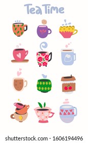 Set of various cups with tea or coffee. Different ornaments. Hand drawn colored trendy vector illustration.  Flat design. Eps 10.