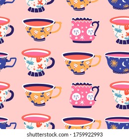 Set of various cups with tea, coffee. Trendy different ornaments. Flowers, berries, etc. Modern hand drawn colored vector seamless pattern. Cartoon style. Flat design. Isolated on a pink background