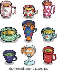 Set of various cups with tea or coffee. Side view.