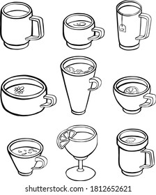 Set of various cups with tea or coffee. Side view.
