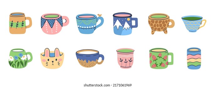 Set of various cups with tea or coffee.  Handmade ceramic with hand drawn patterns on cup and mug. Colored trendy vector illustration. 