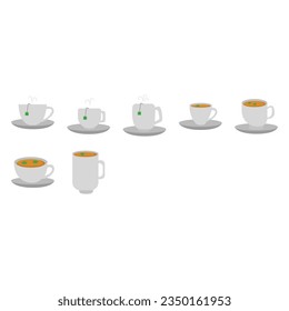Set of various cups with tea or coffee. Side view. different ornaments. Flowers, fruit, etc. Hand drawn trend colored vector illustration. cartoon style. Design data