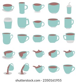 Set of various cups with tea or coffee. Side view. different ornaments. Flowers, fruit, etc. Hand drawn trend colored vector illustration. cartoon style. Design data