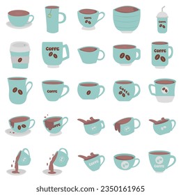 Set of various cups with tea or coffee. Side view. different ornaments. Flowers, fruit, etc. Hand drawn trend colored vector illustration. cartoon style. Design data