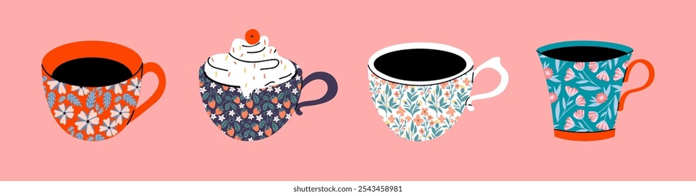 Conjunto de varias tazas con té o café. Vista lateral. Diferentes adornos. Flores, bayas, etc Dibujado a mano de color de Ilustración vectorial de moda. Estilo de dibujos animados. Diseño plano. Aislado en un fondo rosa