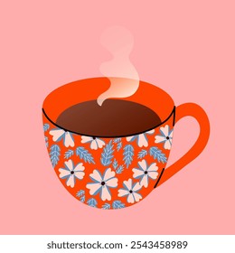 Conjunto de varias tazas con té o café. Vista lateral. Diferentes adornos. Flores, bayas, etc Dibujado a mano de color de Ilustración vectorial de moda. Estilo de dibujos animados. Diseño plano. Aislado en un fondo rosa