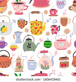 Set of various cups with tea and kettles. Hand drawn colored trendy vector seamless pattern. Flat design. Eps 10.