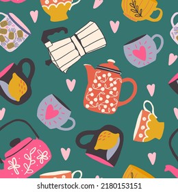 Set of various cups with tea and kettles on on the green background . Hand drawn colored trendy vector seamless pattern. Flat design.