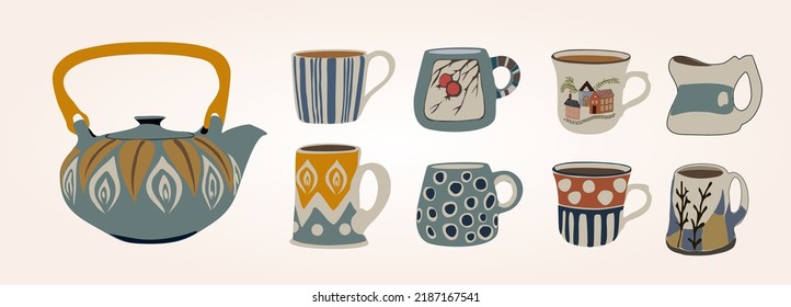 Set of various cups and teapot with tea or coffee. Side view. Different ornaments. Hand drawn colored trendy vector illustration. Cartoon style. Flat design. Isolated