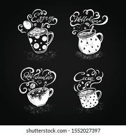  A set of various cups with winter drinks: eggnog, mulled wine, hot chocolate, cocoa. Vector illustration of hand-drawn with chalk on a blackboard. Drinks for Merry Christmas and Happy New Year 2020