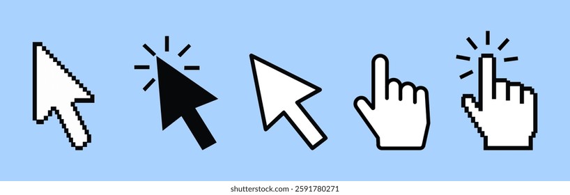A set of various cursor icons, including pixel, modern, and hand click styles. Ideal for UI design, web development, and digital applications. High-quality vector illustration.