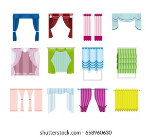 Set of various curtains, decorative, from different materials, types and colors. Vector illustration of curtains, isolated on white background.