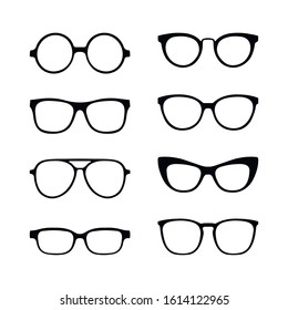 Set of various custom six glasses.Vector spectacles silhouette on white background. Fashion accessories collection. Vector illustration