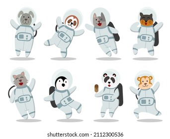 Set of various Cute Animals Astronauts, Cartoon character, flat design vector illustration
