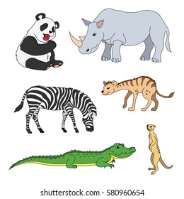 Set of various cute animals, safari animals. Panda, zebra, alligator, crocodile, gopher, rhinoceros, rhino, hyena. Vector illustration isolated on white.