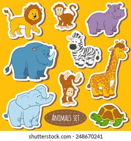 Set of various cute animals, vector stickers of safari animals