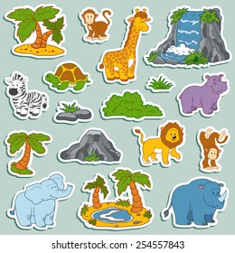 Set of various cute animals, vector stickers of safari animals