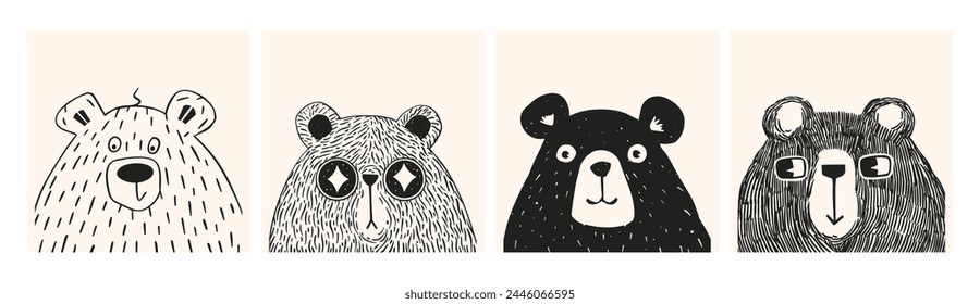 Conjunto de varias cabezas de oso lindo. Ilustración vectorial de moda.