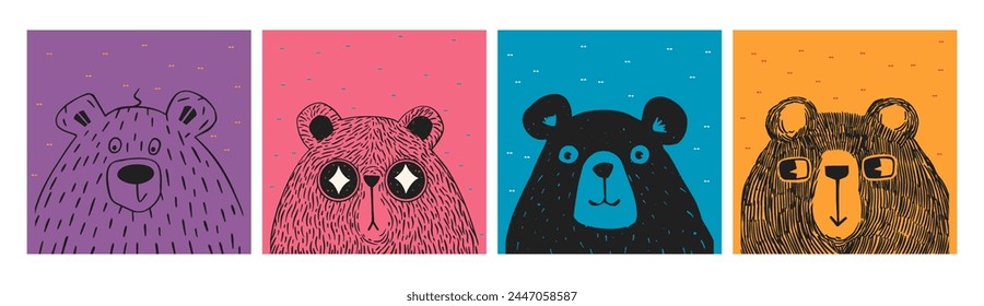 Conjunto de varias cabezas de oso lindo. Ilustración vectorial.