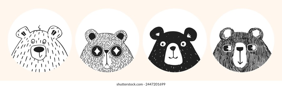 Set of various cute bear heads in a round frame. Trendy vector illustration.