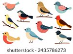 a set various cute birds perched on branches, colorful birds collection