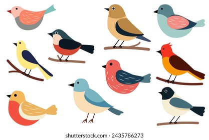 a set various cute birds perched on branches, colorful birds collection