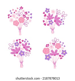 Set of various cute bouquets in pink color. Collection of decorative floral design elements. Flat cartoon vector illustration.