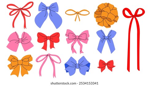 Set of various cute bows. Trendy bows, gift ribbons, elements for holiday packaging and design. Bowknots in hand-drawn and flat styles. Hair accessory. Bow knots for gift wrapping and gift boxes